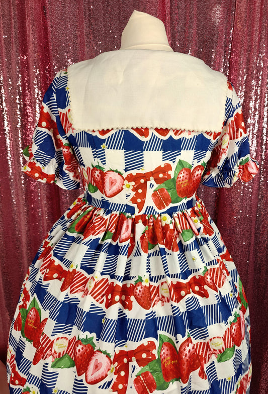 Cream Lollipop blue gingham print strawberry motif OP dress size S