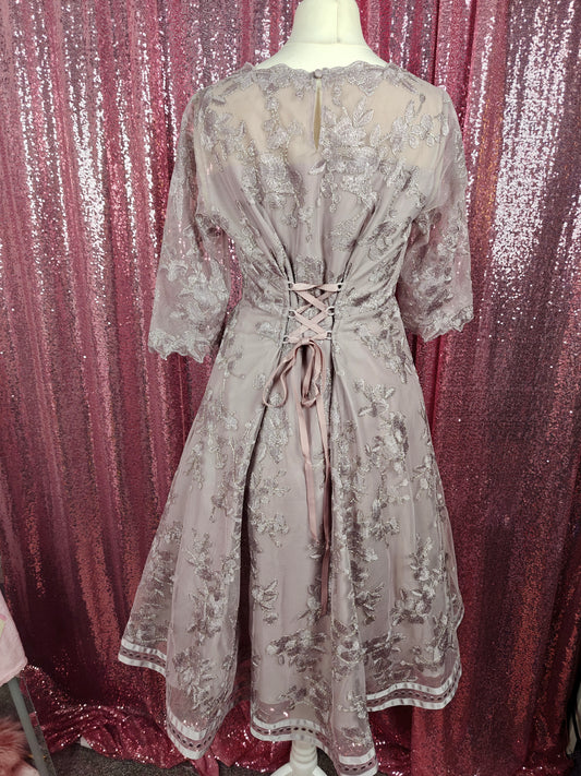 Infine grey lilac organza applique lace midi dress size XS