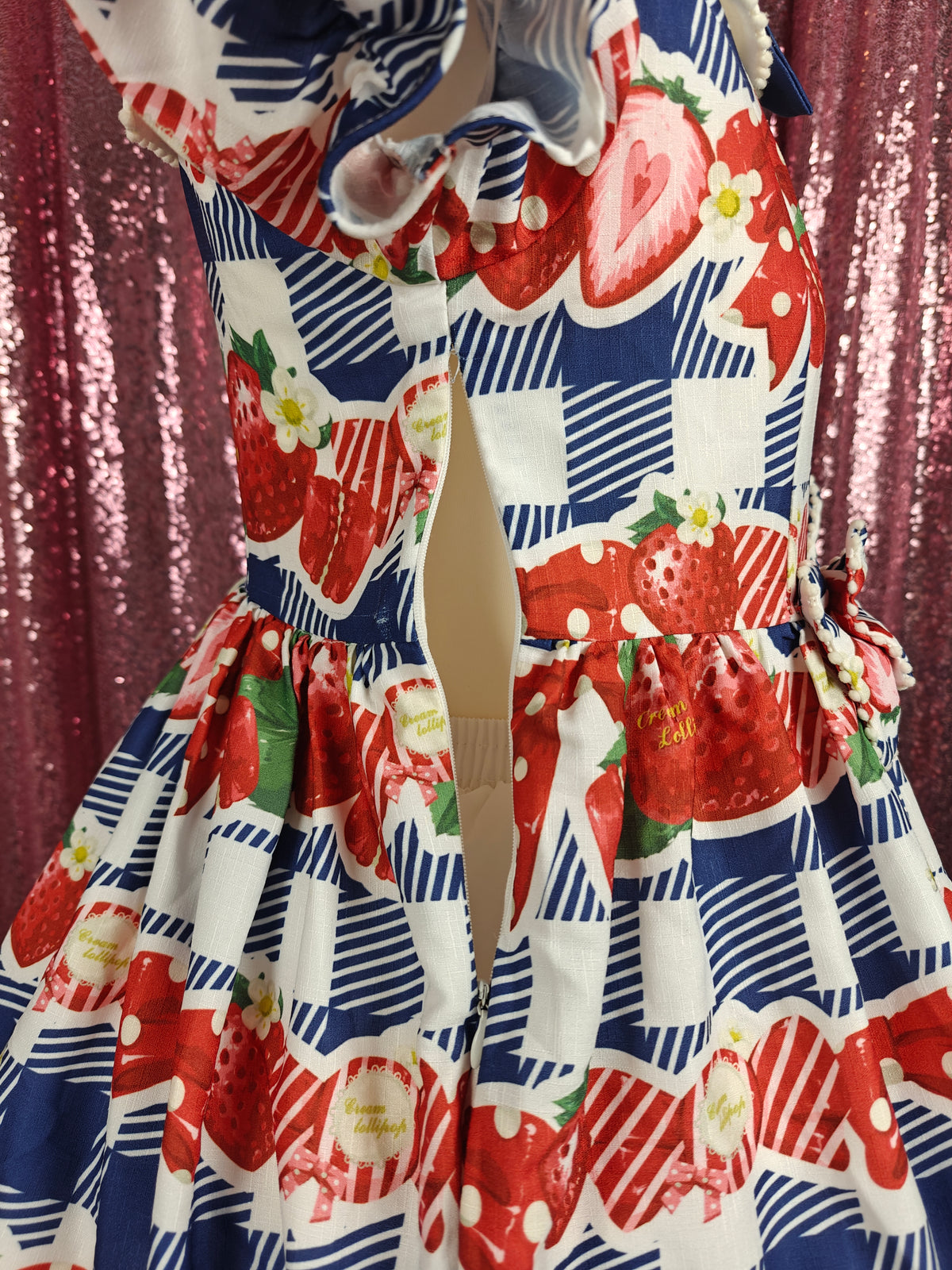 Cream Lollipop blue gingham print strawberry motif OP dress size S