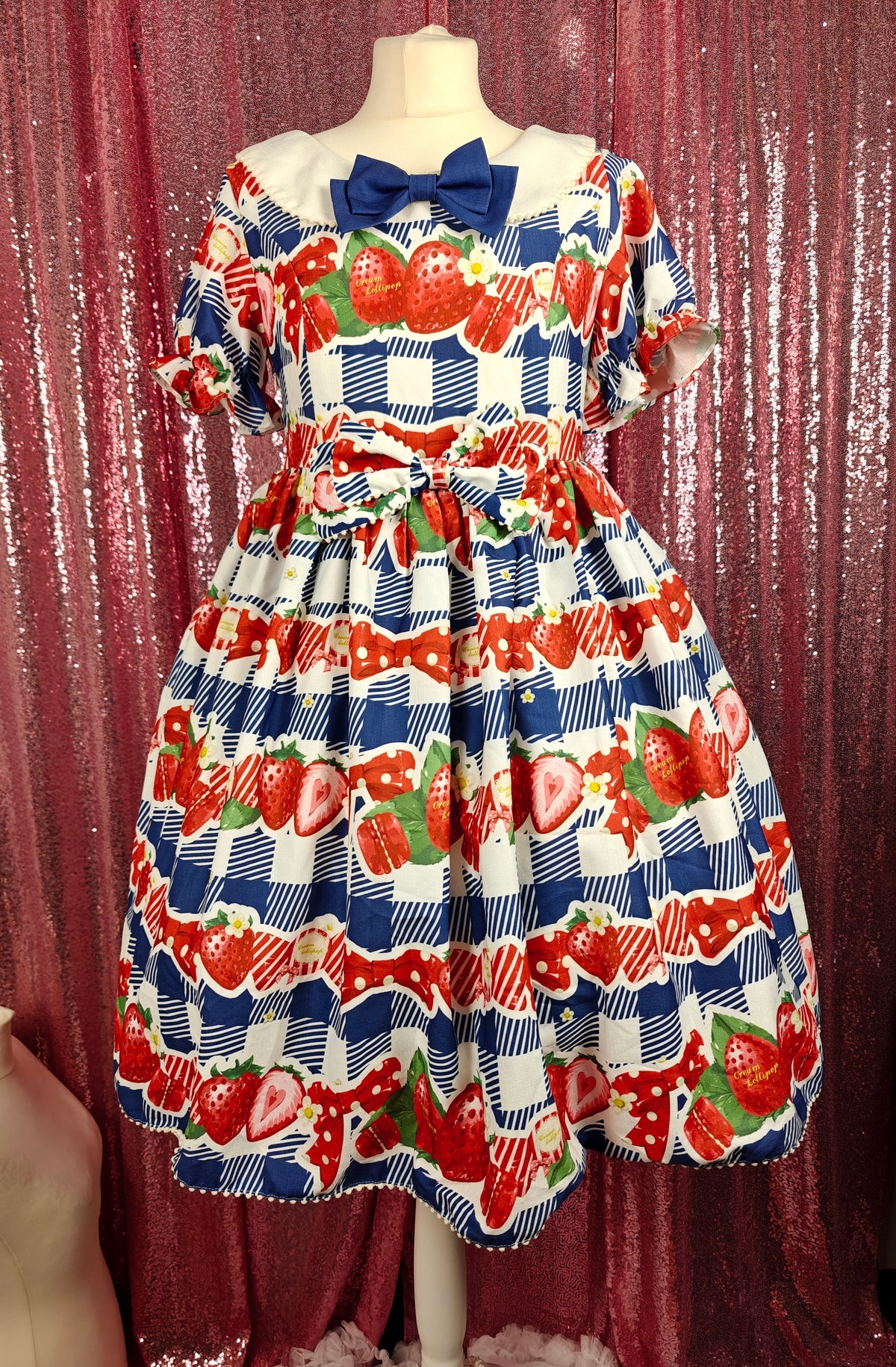 Cream Lollipop blue gingham print strawberry motif OP dress size S