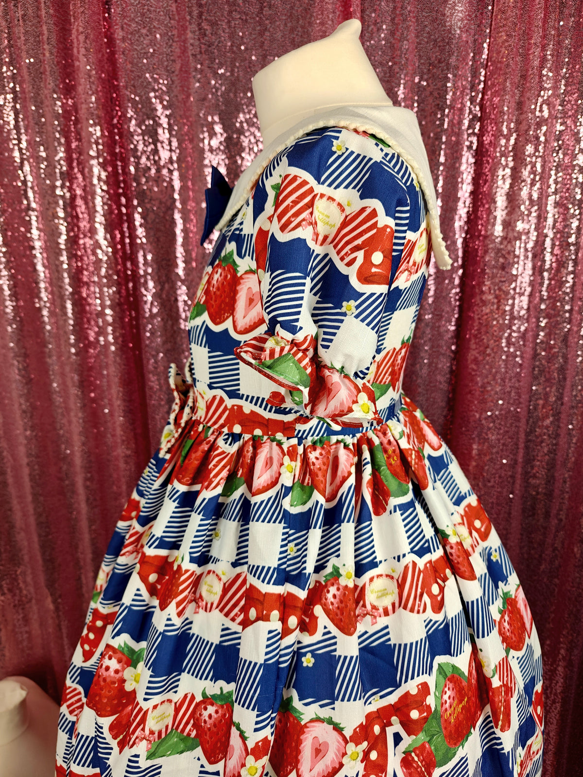 Cream Lollipop blue gingham print strawberry motif OP dress size S