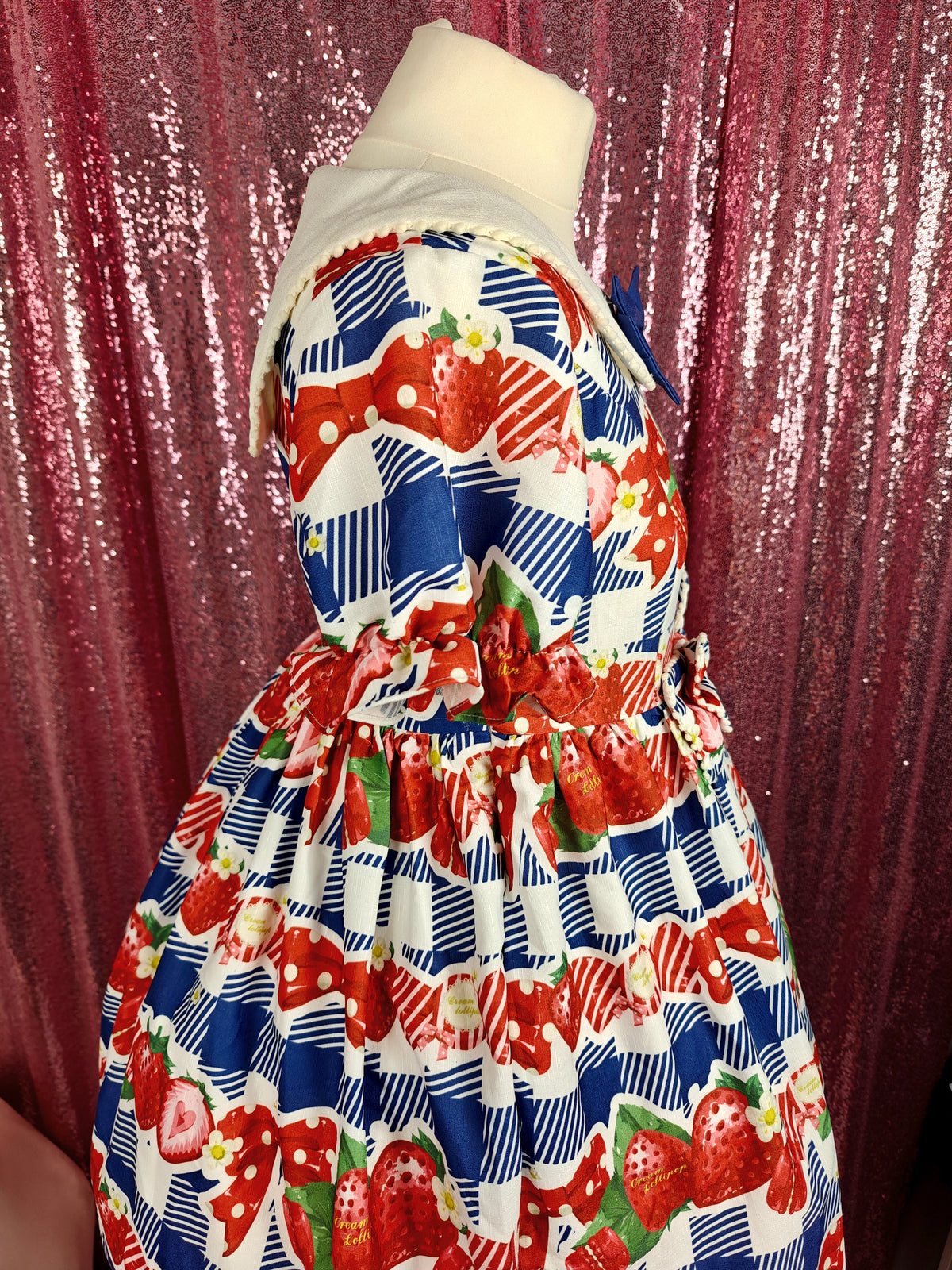 Cream Lollipop blue gingham print strawberry motif OP dress size S