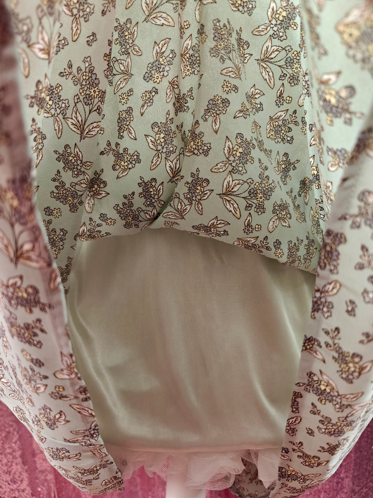 Colza mint floral pattern lace trim prairie style full length dress size M