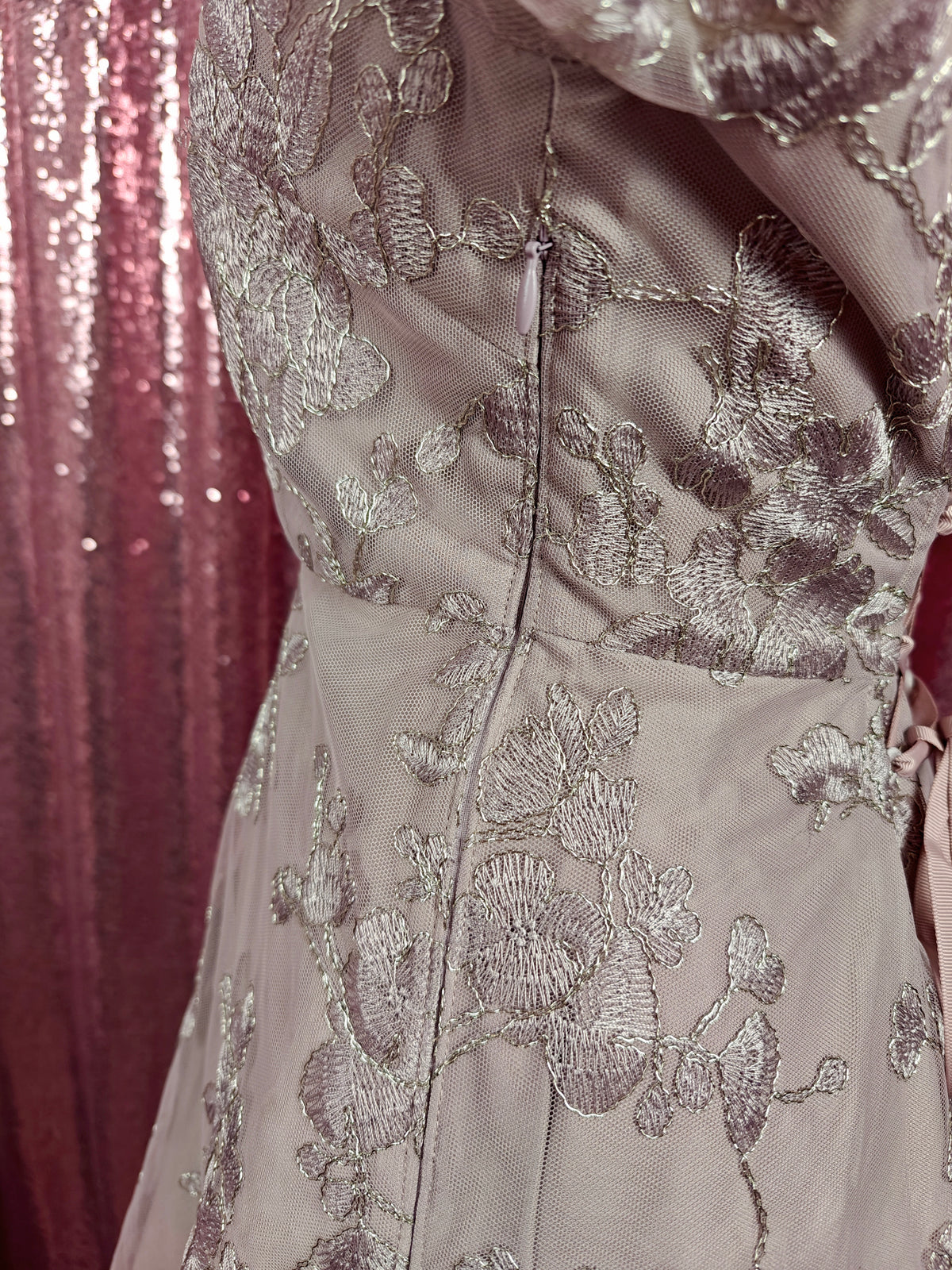 Infine grey lilac organza applique lace midi dress size XS