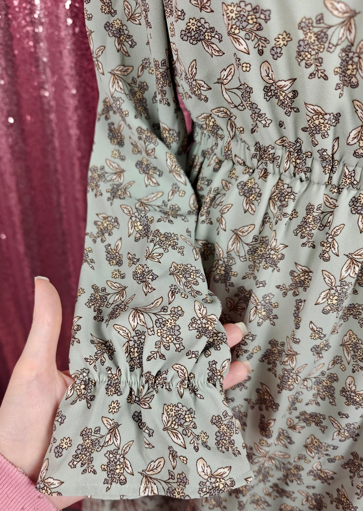 Colza mint floral pattern lace trim prairie style full length dress size M