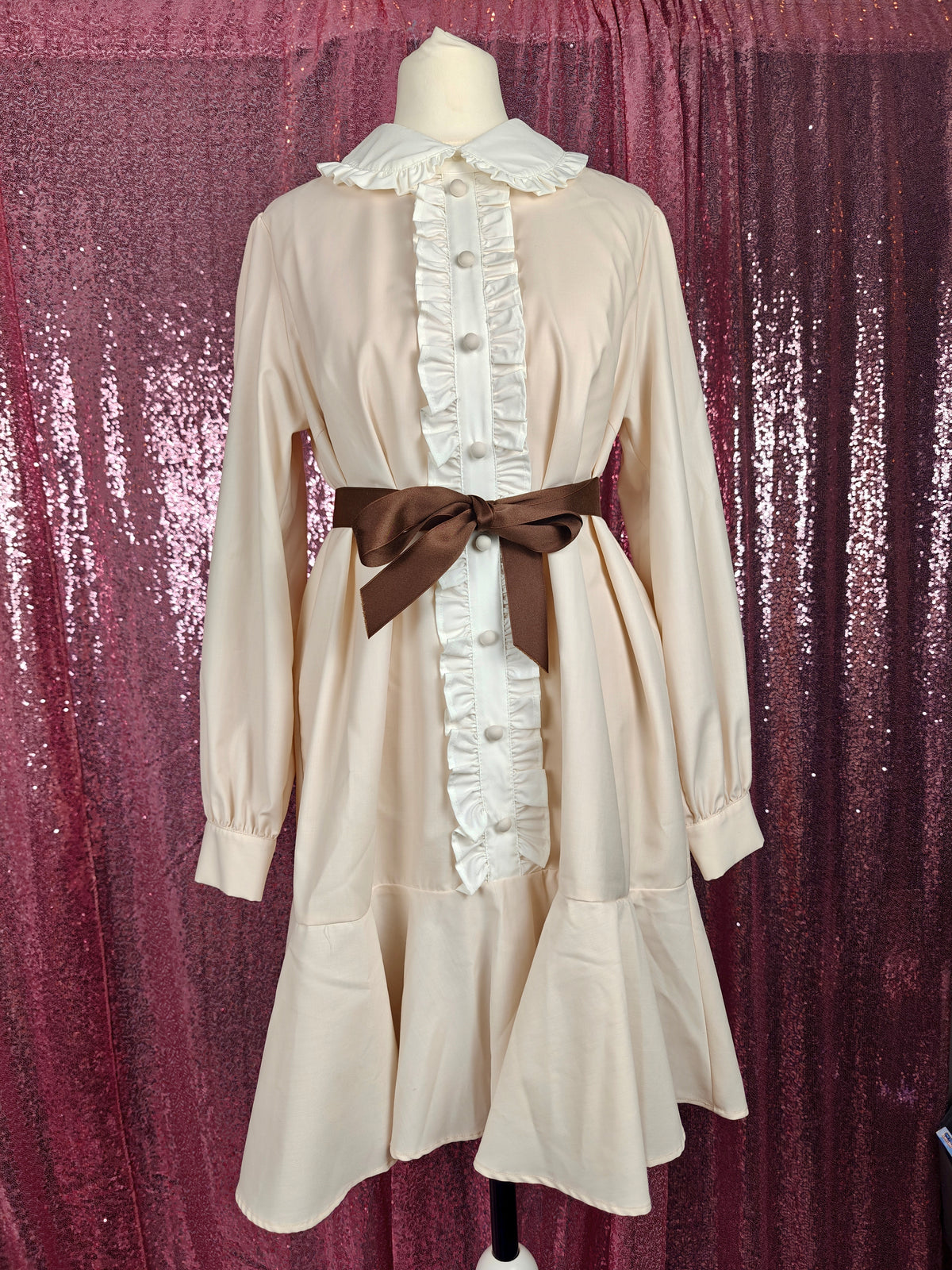 Ank Rouge beige white frilly collar smock dress with ribbon belt size S
