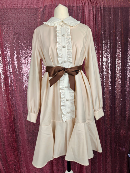 Ank Rouge beige white frilly collar smock dress with ribbon belt size S