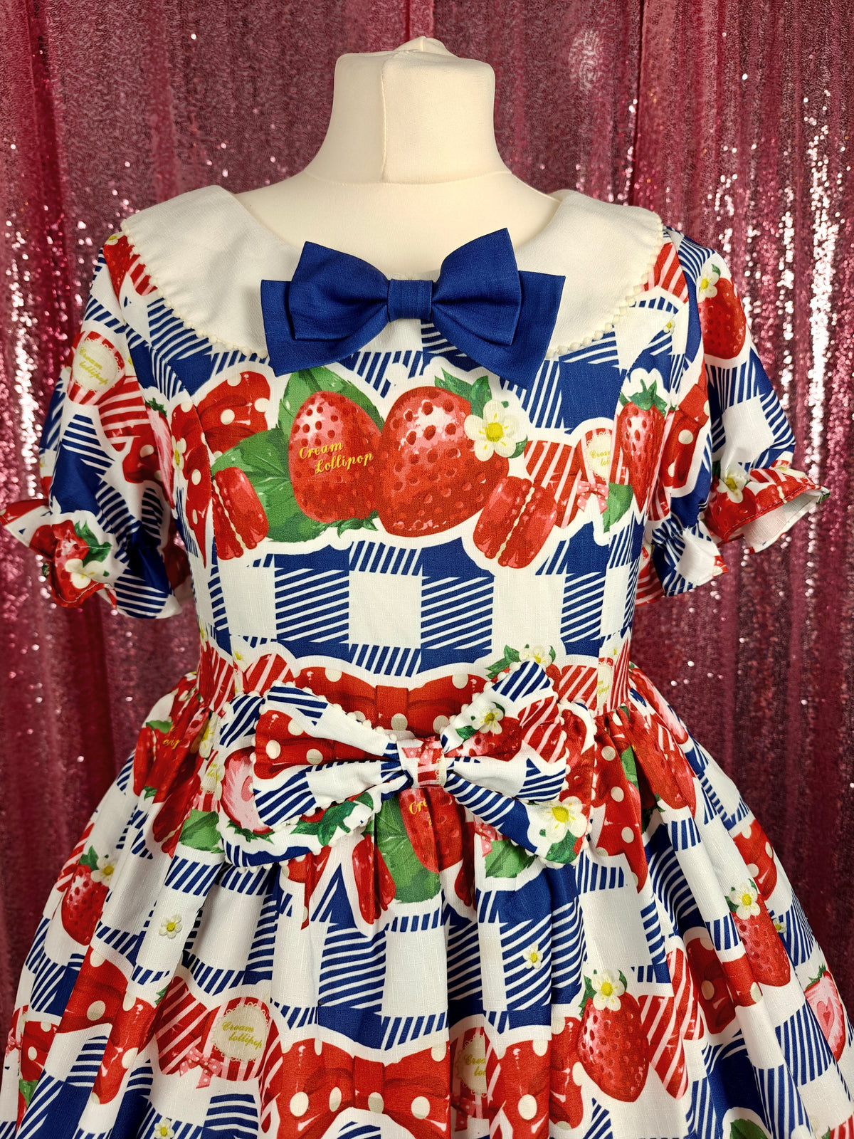 Cream Lollipop blue gingham print strawberry motif OP dress size S