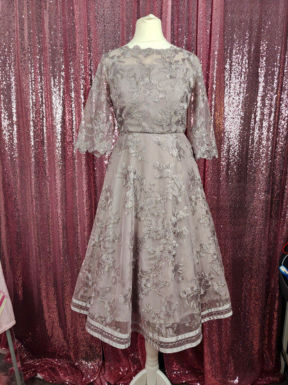 Infine grey lilac organza applique lace midi dress size XS