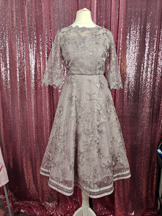 Infine grey lilac organza applique lace midi dress size XS