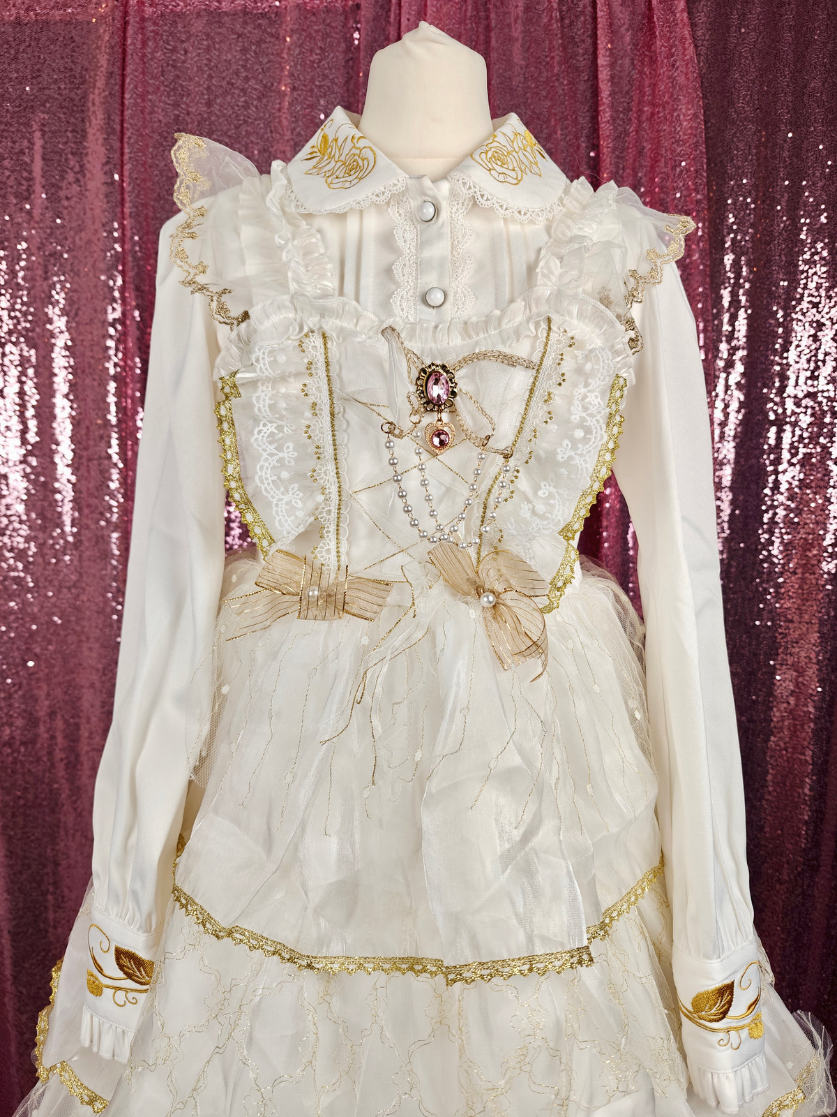 Lolitime white long sleeve gold floral embroidery classic Lolita blouse size XS