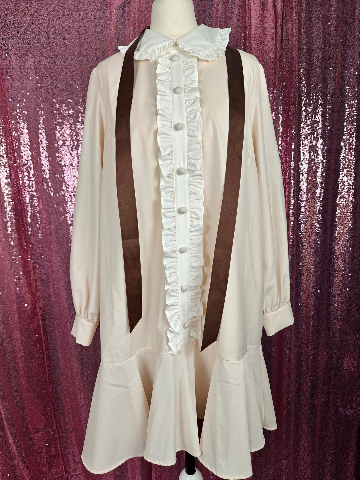 Ank Rouge beige white frilly collar smock dress with ribbon belt size S