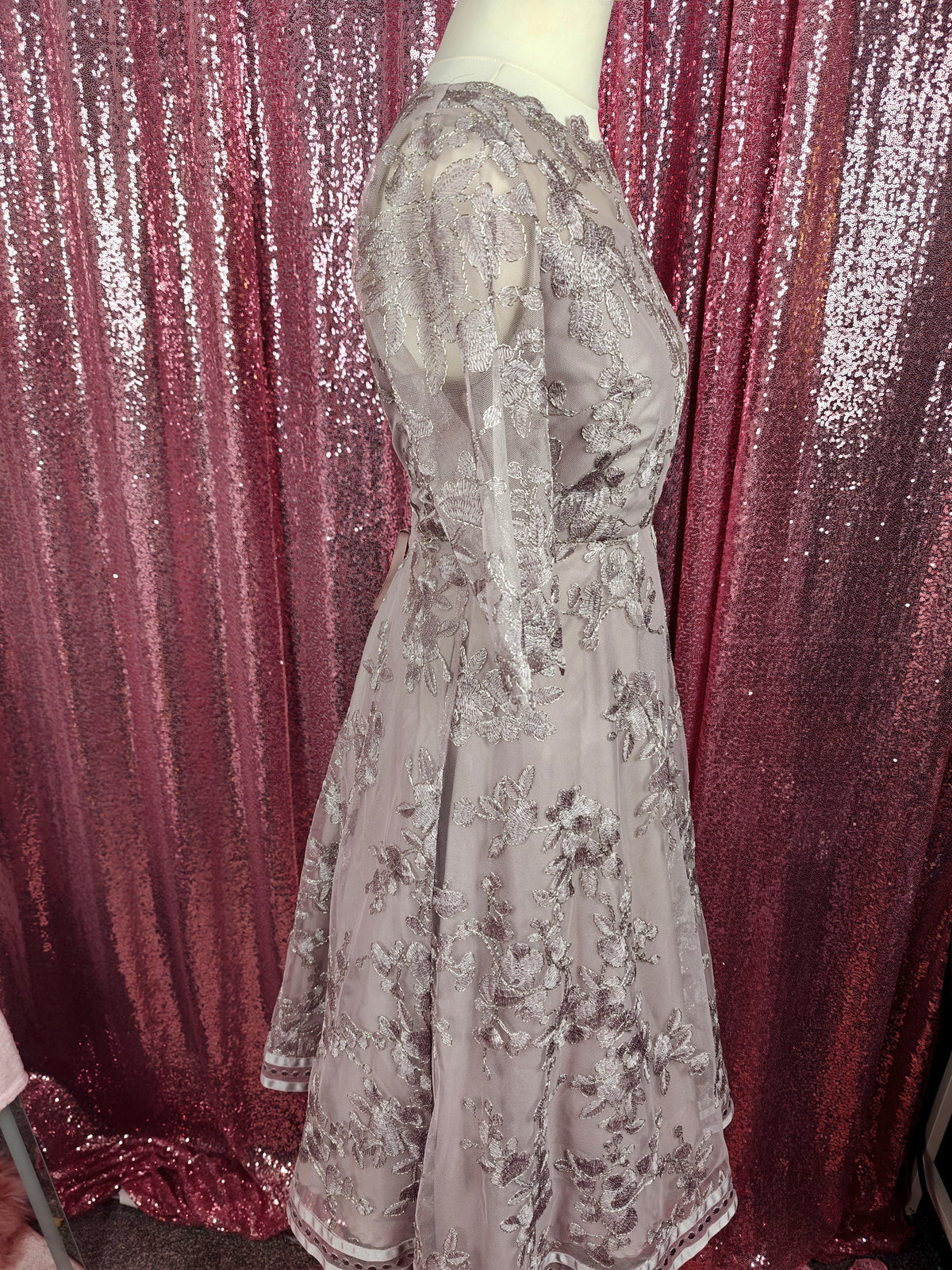 Infine grey lilac organza applique lace midi dress size XS