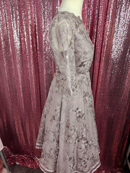 Infine grey lilac organza applique lace midi dress size XS