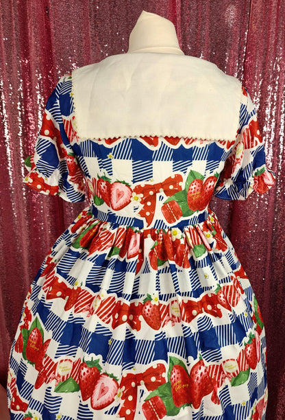Cream Lollipop blue gingham print strawberry motif OP dress size S