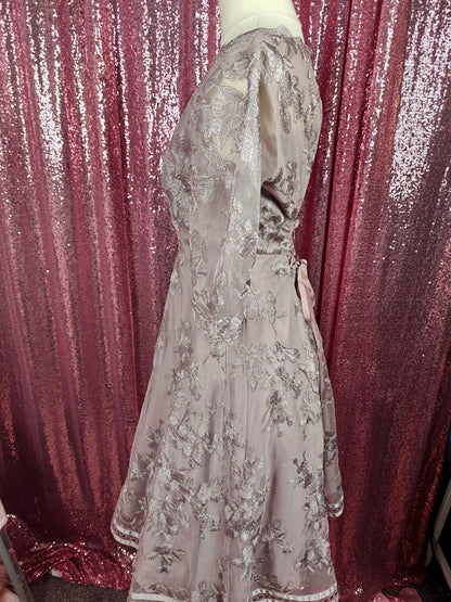 Infine grey lilac organza applique lace midi dress size XS