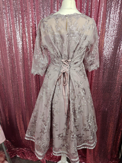 Infine grey lilac organza applique lace midi dress size XS