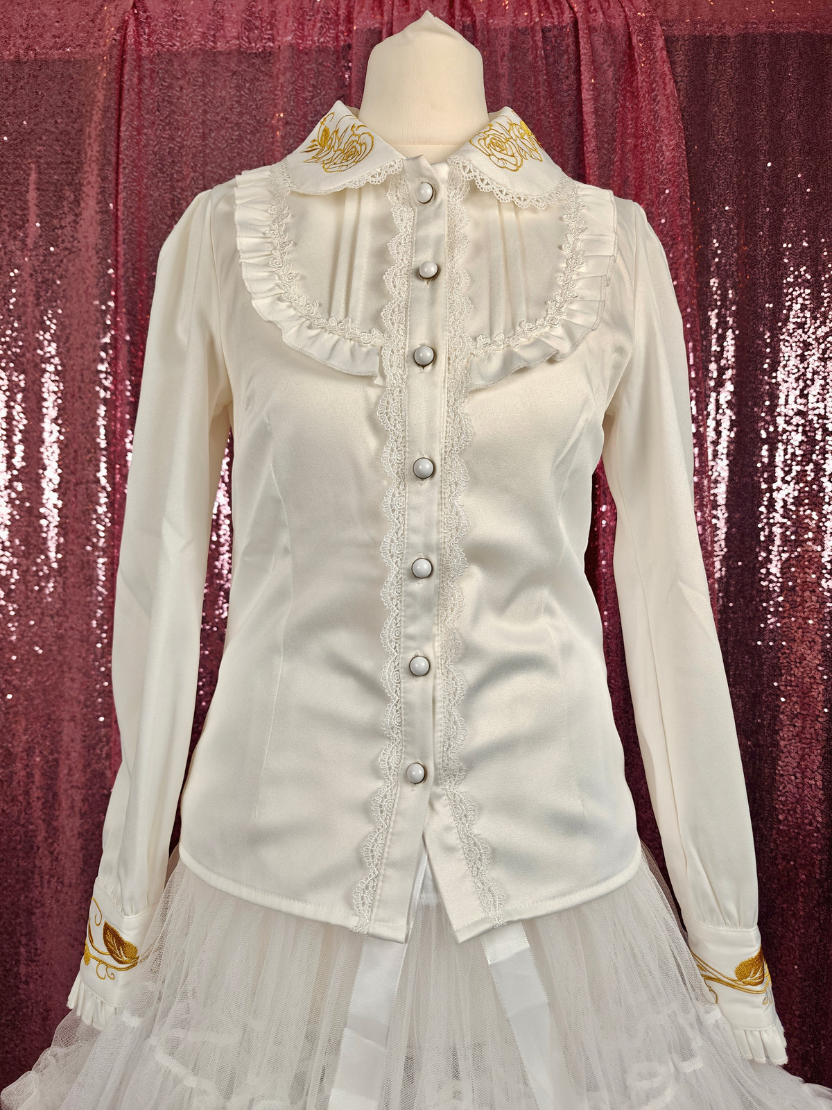 Lolitime white long sleeve gold floral embroidery classic Lolita blouse size XS