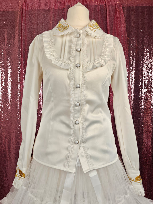 Lolitime white long sleeve gold floral embroidery classic Lolita blouse size XS