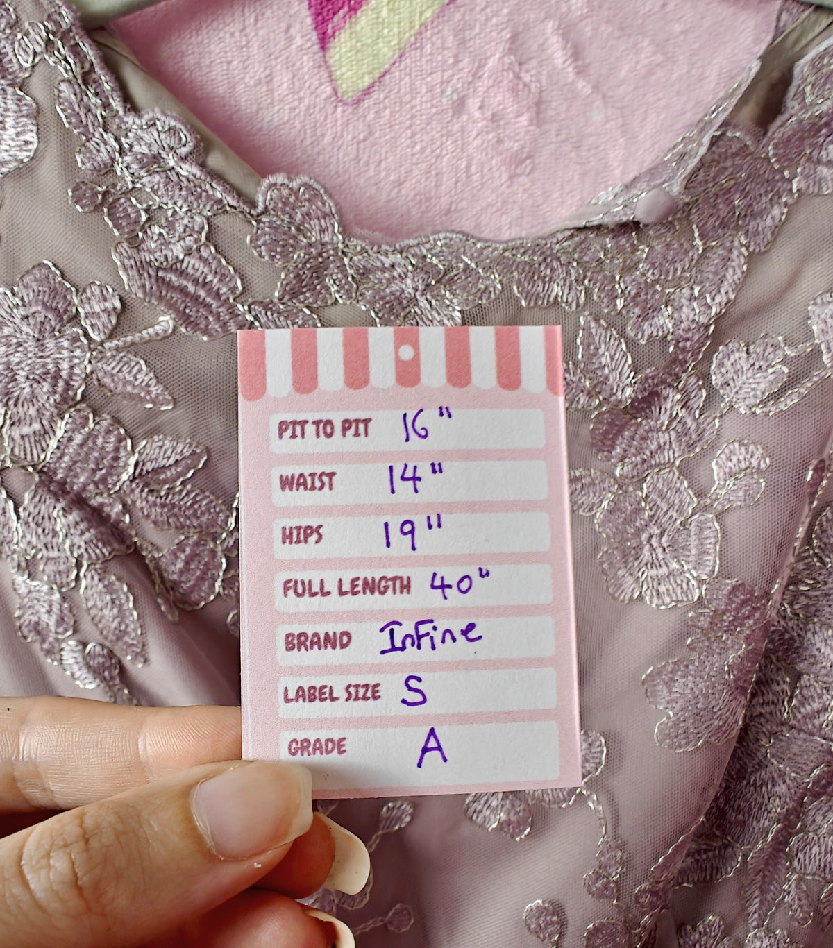 Infine grey lilac organza applique lace midi dress size XS