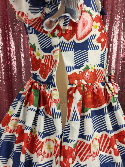 Cream Lollipop blue gingham print strawberry motif OP dress size S