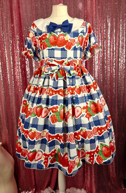 Cream Lollipop blue gingham print strawberry motif OP dress size S