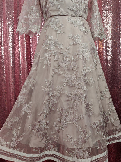 Infine grey lilac organza applique lace midi dress size XS