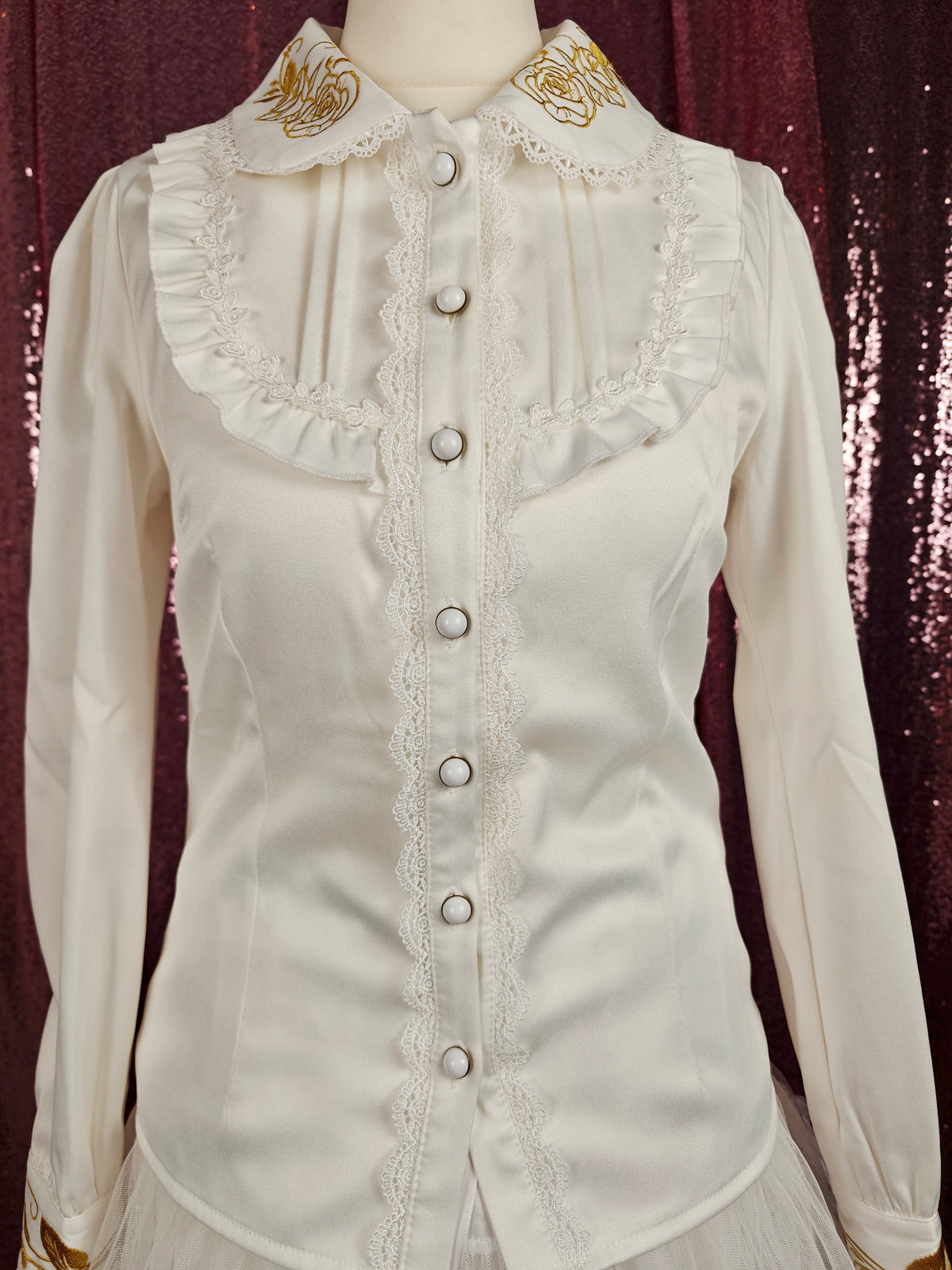 Lolitime white long sleeve gold floral embroidery classic Lolita blouse size XS
