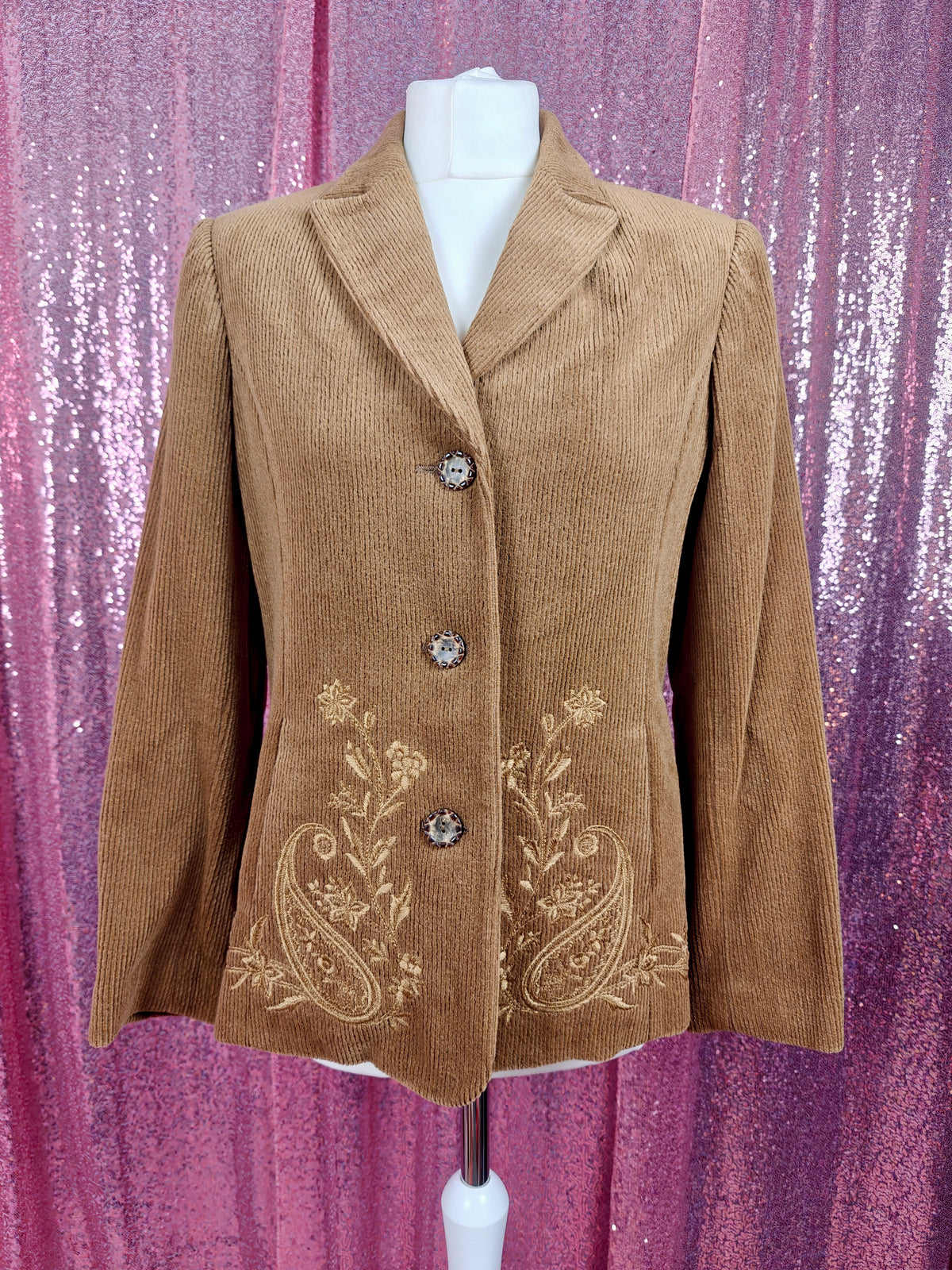 Vintage Bella Vogue brown corduroy paisley embroidered blazer size M