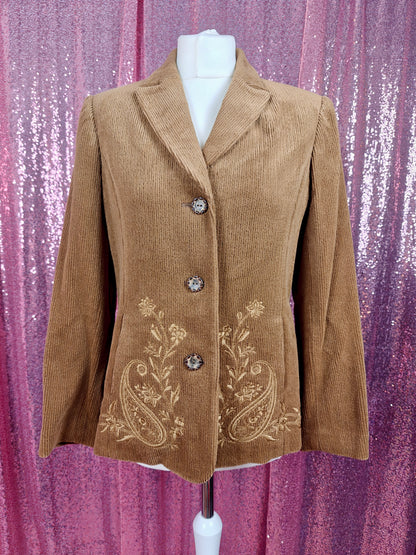 Vintage Bella Vogue brown corduroy paisley embroidered blazer size M