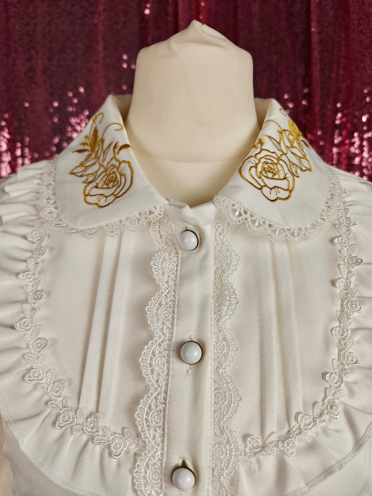 Lolitime white long sleeve gold floral embroidery classic Lolita blouse size XS