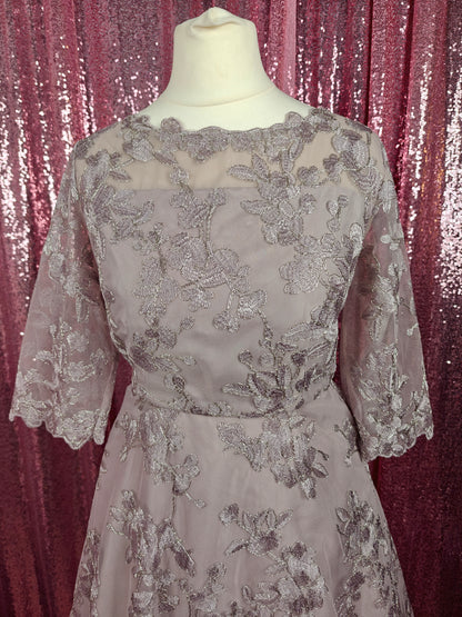 Infine grey lilac organza applique lace midi dress size XS