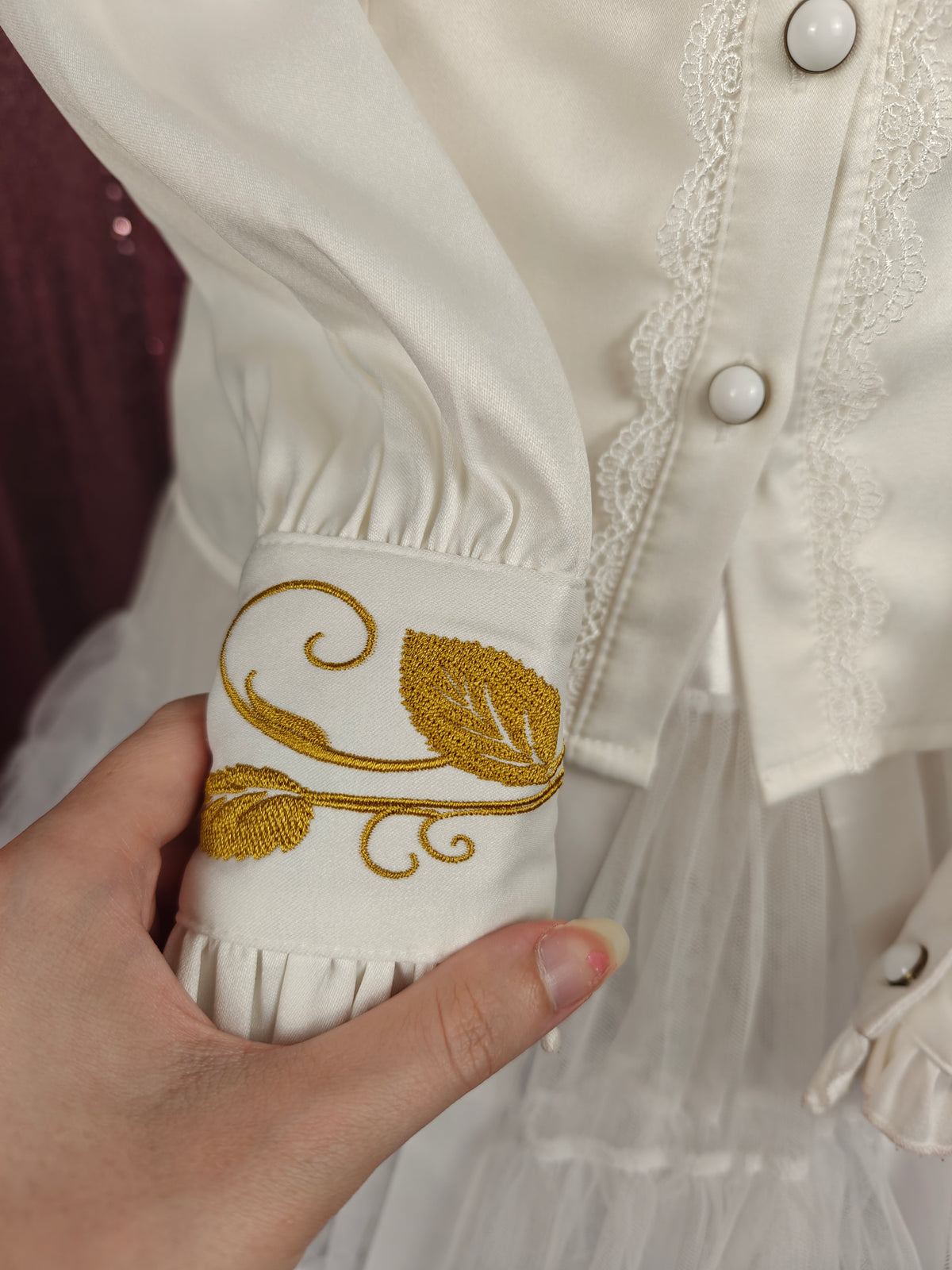 Lolitime white long sleeve gold floral embroidery classic Lolita blouse size XS