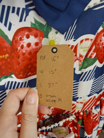 Cream Lollipop blue gingham print strawberry motif OP dress size S